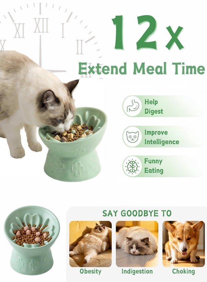 TRUVIC Ceramic Slow Feeder Cat Bowl, Elevated Cat Wet Food Bowl Tilted Design, Raised Slow Feeder Dog Bowl no Black Chin, Four-Leaf Clover Shape for Dry and Wet Food, Green - Image 3